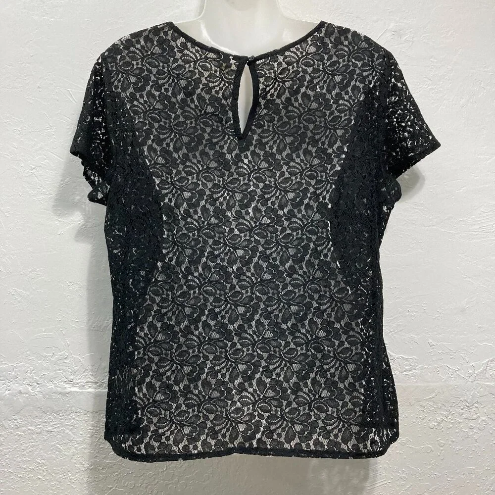 Old Navy Whimsigoth Black Romantic Lace Tee Top Short Sleeve Keyhole L/G - Picture 2 of 10